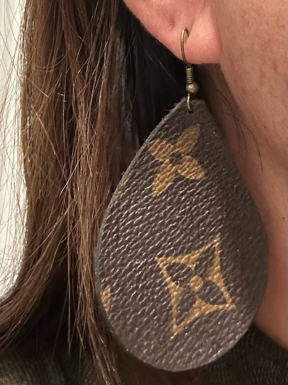 Leather Teardrop Monogram-Style Earrings in Brown and Gold